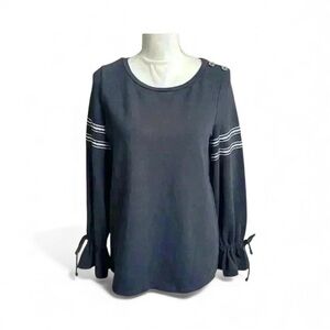 Crown & Ivy Navy Long Sleeve Bell Cuff w/ White Stripes Pullover Women Sz Small